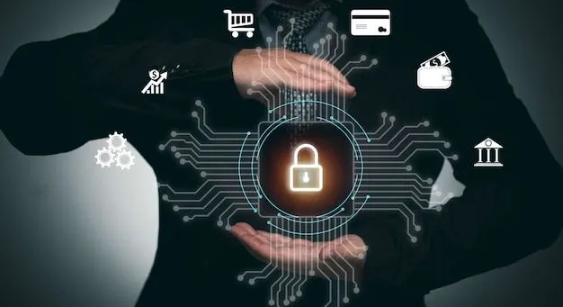 Manos alrededor de un candado digital con íconos de servicios en línea